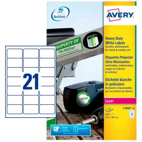 AVERY - PACK 20 HOJAS X21 ETIQUETAS 63,5X38,1MM LÁSER POLIÉSTER BLANCO (Ref.L7060-20)