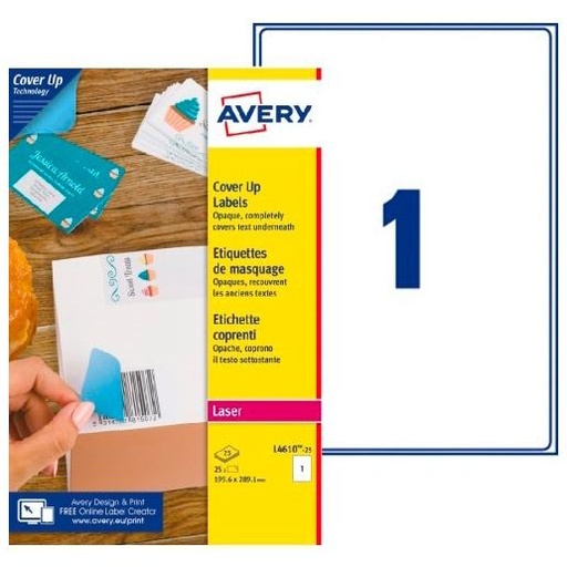 AVERY - PACK 25 HOJAS X1 ETIQUETAS 199,6X289,1MM PARA ENMASCARAMIENTO LÁSER BLANCO (Ref.L4610-25)