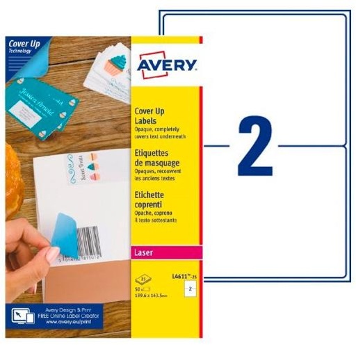 AVERY - PACK 25 HOJAS X2 ETIQUETAS 199,6X143,5MM PARA ENMASCARAMIENTO LÁSER BLANCO (Ref.L4611-25)