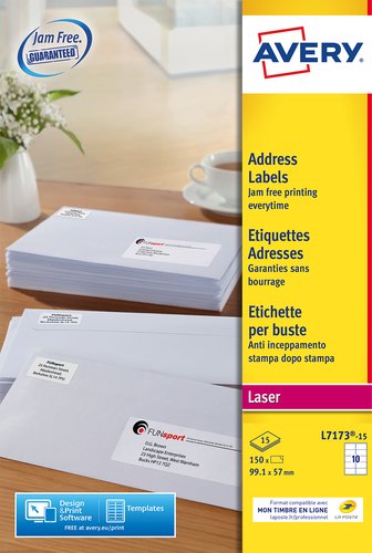 AVERY - PAQUETE 15 HOJAS ETIQUETAS BLANCAS PARA PAQUETES IMPRESORAS LÁSER 99,1X57 MM (Ref.L7173-15)