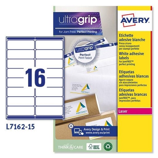 AVERY - PAQUETE 15 HOJAS ETIQUETAS BLANCAS PARA SOBRES PARA IMPRESORAS LÁSER 99,1X33,9 MM (Ref.L7162-15)