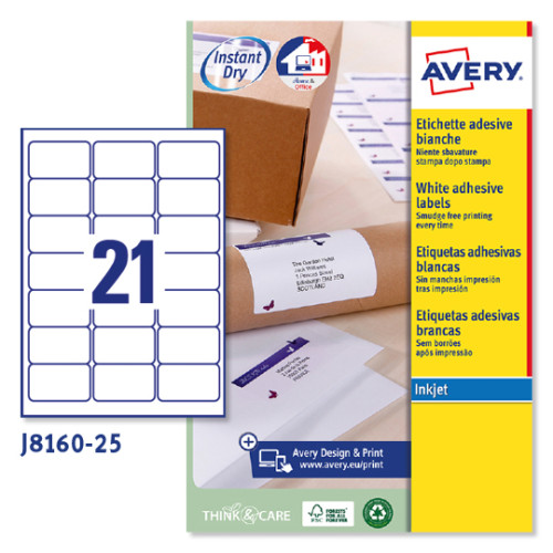 AVERY - PAQUETE 25 HOJAS ETIQUETAS BLANCAS QUICK DRY-IMPRESORAS DE INYECCIÓN DE TINTA-63,5X38,1 MM (Ref.J8160-25)