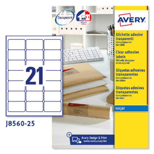 AVERY - PAQUETE 25 HOJAS ETIQUETAS TRANSPARENTES QUICKPEEL-IMPRESORAS DE INYECCIÓN DE TINTA-63,5X38,1 MM (Ref.J8560-25)