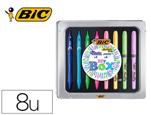 BIC - SET CAJA METALICA 4 GELOCITY QUICK DRY COLORES SURTIDOS + 4 FLUORESCENTES GRIP COLORES PASTEL SURTIDOS (Ref.999448)