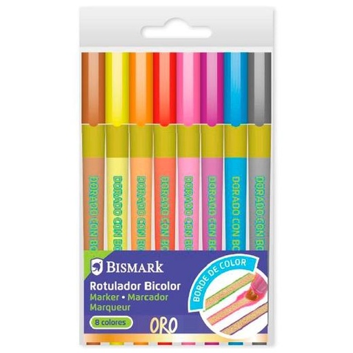 BISMARK - ROTULADOR LETTERING BICOLOR ORO + 8 COLORES DE BORDE NEÓN-PASTEL -SET 8U- (Ref.330110)