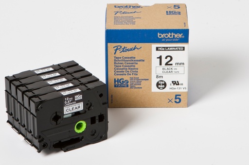BROTHER - Cinta Alta Calidad 8m Transparente/Negro (Pack 5Ud)12mm (Ref.HGe131V5)