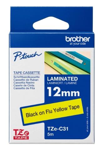BROTHER - CINTA ROTULADORA LAMINADA NEGRO SOBRE AMARILLO FLUORESCENTE DE 12MMX5M (Ref.TZE-C31)