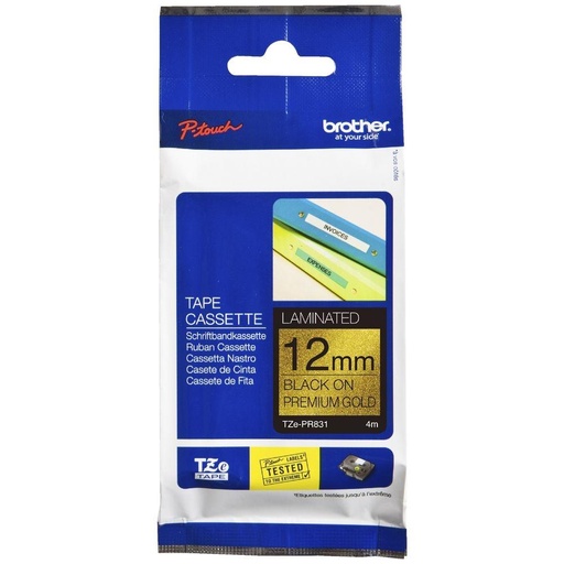 BROTHER - CINTA ROTULADORA LAMINADA NEGRO SOBRE FONDO DORADO PREMIUM 12MMX8M (Ref.TZE-PR831)