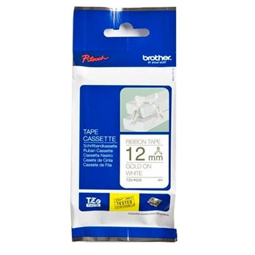 BROTHER - CINTA ROTULADORA SATINADA, TEXTO DORADO SOBRE TEJIDO BLANCO NO ADHESIVO, 12MMX4M (Ref.TZE-R234)