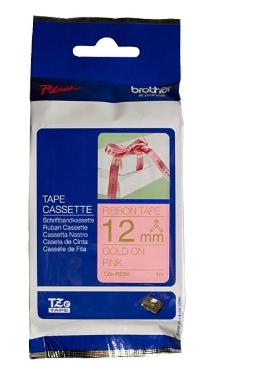 BROTHER - CINTA ROTULADORA SATINADA, TEXTO DORADO SOBRE TEJIDO ROSA NO ADHESIVO, 12MMX4M (Ref.TZE-RE34)