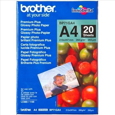 BROTHER - PAPEL FOTOGRÁFICO GLOSSY PREMIUM A4: PACK DE 20 HOJAS DE PAPEL BRILLO DE 260 G/M2. (Ref.BP71GA4)
