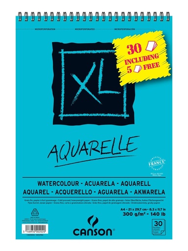 CANSON - BLOC ACUARELA AQUARELLE FINO XL ESPIRAL 25 + 5(GRATIS) HOJAS 300GR 21X29,7CM -5U- (Ref.C400110016)