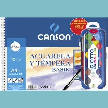 CANSON - BLOC ACUARELA Y TÉMPERA BASIK ESPIRAL 10 HOJAS + 12 ACUERLAS MINI + PINCEL GRATIS 370GR 23X32,5CM UNITARIO (Ref.C32500K012)
