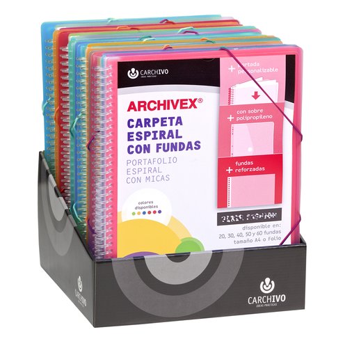 CARCHIVO - CARPETA FUNDAS (TARIFARIO) ESPIRAL PP ARCHIVEX-STAR CANGURO A4 EXPOSITOR DE 15 SURTIDOS (Ref.53038800)