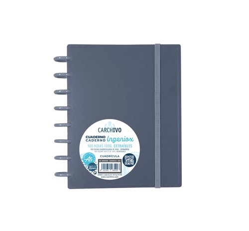 CARCHIVO - CUADERNO INGENIOX ESPIRAL A5 100H C/SEPARADORES EXTRAÍBLES 100GR CUADRÍCULA 5X5 TAPAS PP SEMI-RÍGIDO CIERRE C/GOMA GRIS (Ref.66005108)