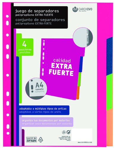 CARCHIVO - SEPARADORES PP EXTRA FUERTE A4 4 pestañas 11 taladros (Ref.49050499)