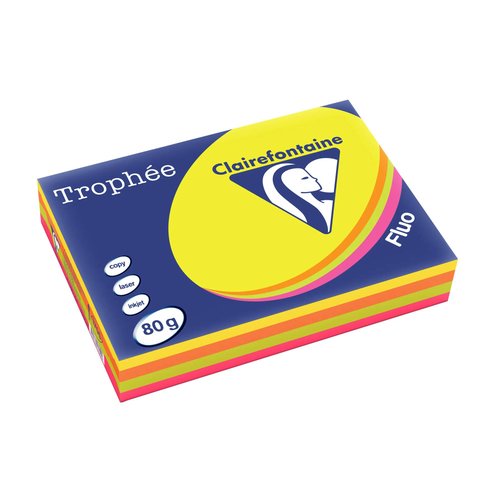 CLAIREFONTAINE - PAPEL de COLOR A4 TROPHEE 80g 500h SURTIDO FLUOR (4x 125h amarillo, naranja, verde, rosa) (Ref.1705SC)