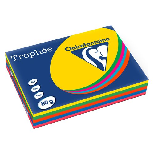 CLAIREFONTAINE - PAPEL de COLOR A4 TROPHEE 80g 500h SURTIDO INTENSOS VIVOS (5x 100h Salmon, Azul, Verde, Canario, Rosa) (Ref.1704SC)