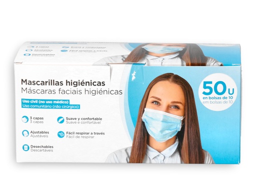 COVID - MASCARILLA FACIAL HIGIENICA DESECHABLE 3 CAPAS CON AJUSTE NASAL FILTRACION 95% COLOR AZUL (Ref.HIG AZUL)