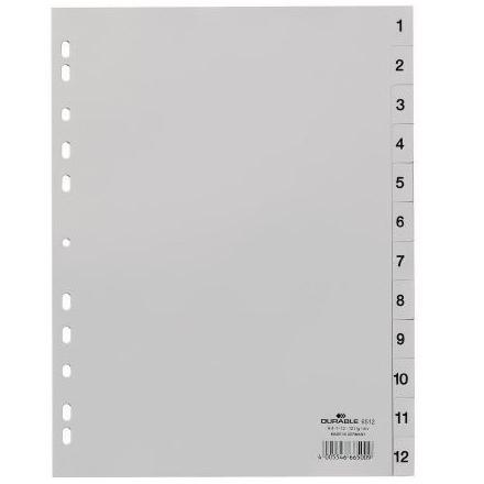 DURABLE - ÍNDICES PP CON PESTAÑAS IMPRESAS DIVISIÓN NUMÉRICA 1-12 VERTICAL A4 GRIS (Ref.6512-10)