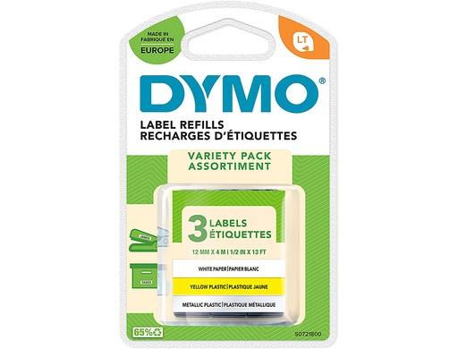 DYMO - CINTA METALIZADA LETRATAG 12MM X 4MT PAPEL BLANCO / PLASTICO AMARILLO / METALICA PLATA PACK DE 3 (Ref.S0721800)