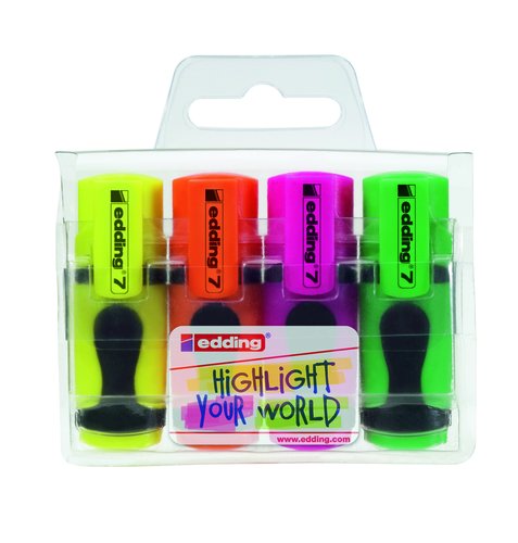 EDDING - MARCADOR FLUOR 7 MINI ESTUCHE DE 4 COLORES (amarillo, naranja, rosa y verde) (Ref.7/4S)