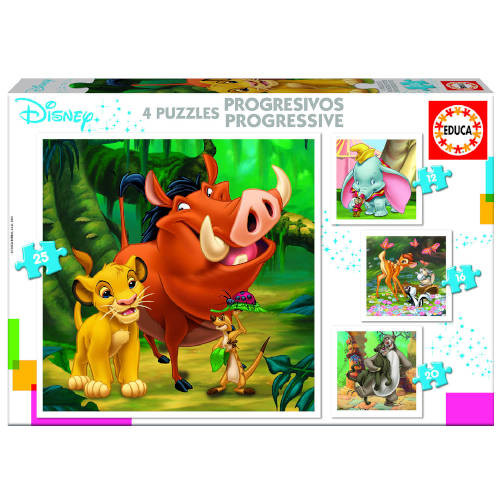 EDUCA BORRÁS - PUZZLE PROGRESIVOS DISNEY ANIMALS DUMBO+BAMBI+LION KING+JUNGLE BOOK DE 3-5 AÑOS EDUCA BORRAS (Ref.18104)