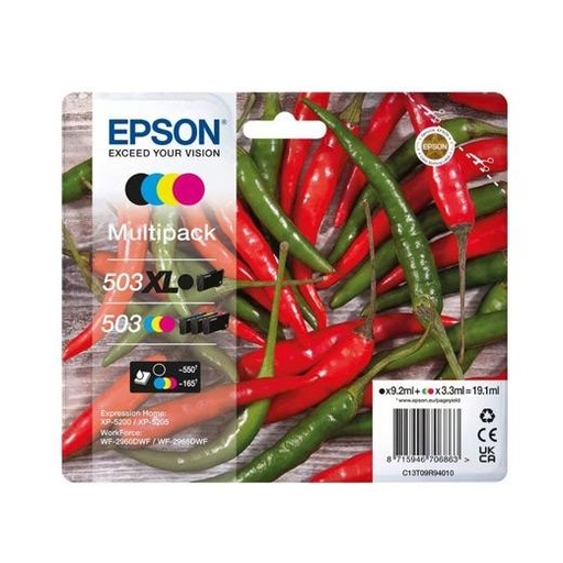 EPSON - Cartucho 4 colores Multipack 503XL Negro/503CMY WF-2960dwf,WF-2965dwf, XP-5205 Pimiento (Ref.C13T09R94010)