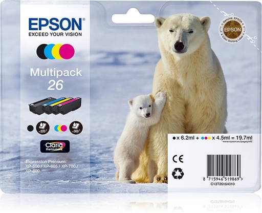 EPSON - Claria Premium Cartucho 26 Multipack 4 colores (Blister + Alarma acustico/Radiofrecuencia) (Ref.C13T26164020)