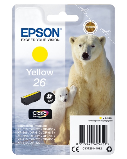 EPSON - Claria Premium Cartucho Amarillo 26 (Blister + Alarma acustico/Radiofrecuencia) (Ref.C13T26144022)