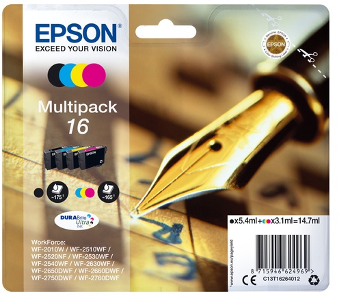 EPSON - DURABrite Ultra Ink Cartucho 16 Multipack 4 colores (Blister+ Alarma acustico/Radiofrecuencia) (Ref.C13T16264022)