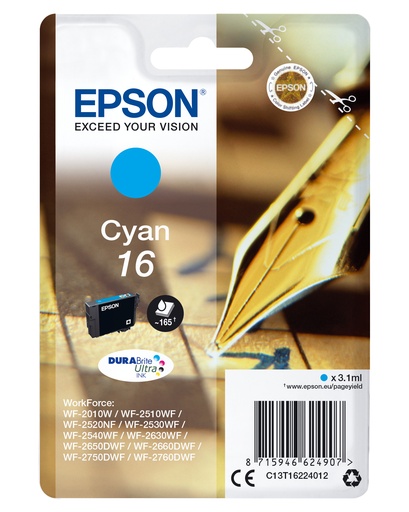 EPSON - DURABrite Ultra Ink Cartucho Cian 16 (Blister+ Alarma acustico/Radiofrecuencia) (Ref.C13T16224022)