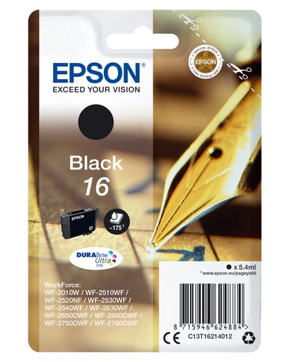 EPSON - DURABrite Ultra Ink Cartucho Negro 16 (Blister+ Alarma acustico/Radiofrecuencia) (Ref.C13T16214022)