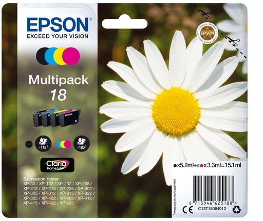 EPSON - Expression Home XP-102/205/305/405 MultiPack 4 Cartuchos (KCMY)(Radiofrecuencia) (Ref.C13T18064022)
