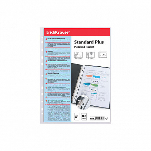 ERICH KRAUSE - SET DE 100 FUNDAS MULTITALADRAS FIZZY CLEAR, 40 MCM, A4, TRANSPARENTE (Ref.46701)