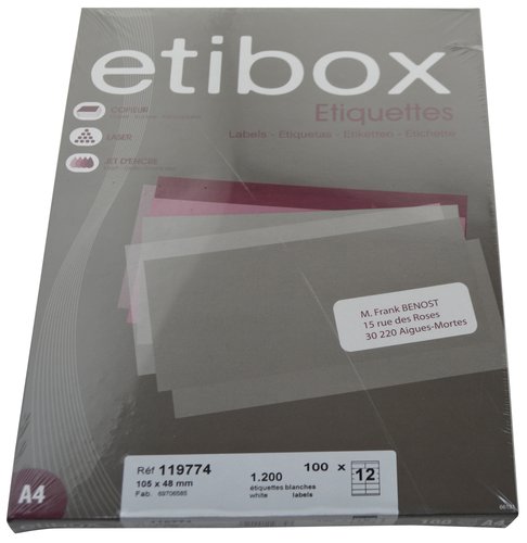ETIBOX - ETIQUETAS ADH.IMPR. A4 BLANCA CAJA 100h C.RECTOS 105x 48 mm 1.200 uds. (Ref.ET119774)