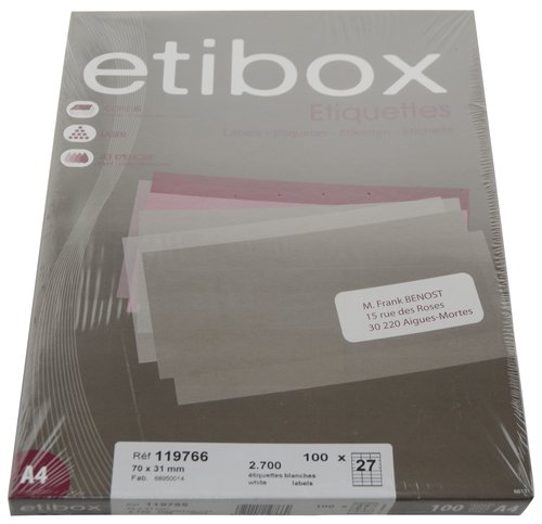 ETIBOX - ETIQUETAS ADH.IMPR. A4 BLANCA CAJA 100h C.RECTOS 70x31 mm 2.700 uds. (Ref.ET119766)