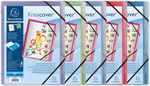 EXACOMPTA - CARPETA CLASIFICADORA KREA COVER PERSONALIZABLE PP A4 8 DPTOS. con GOMAS y SOLAPAS SURTIDO (Ref.55380E)