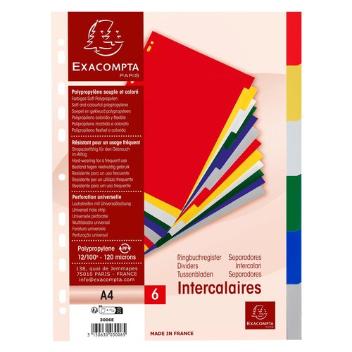 EXACOMPTA - SEPARADORES PP FLEXIBLE OPACO A4 6 pestañas 11 taladros (Ref.3006E)