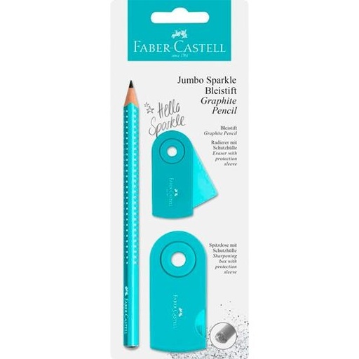 FABER CASTELL - LÁPIZ DE GRAFITO JUMBO SPARKLE + GOMA DE BORRAR + Sacapuntas/Afilalapices TURQUESA EN BLISTER (Ref.111676)