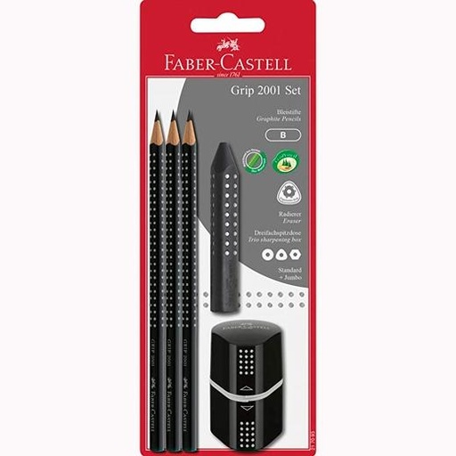 FABER CASTELL - SET 2001 GRIP 3 LÁPICES DE GRAFITO + GOMA + Sacapuntas/Afilalapices NEGRO EN BLISTER (Ref.217093)