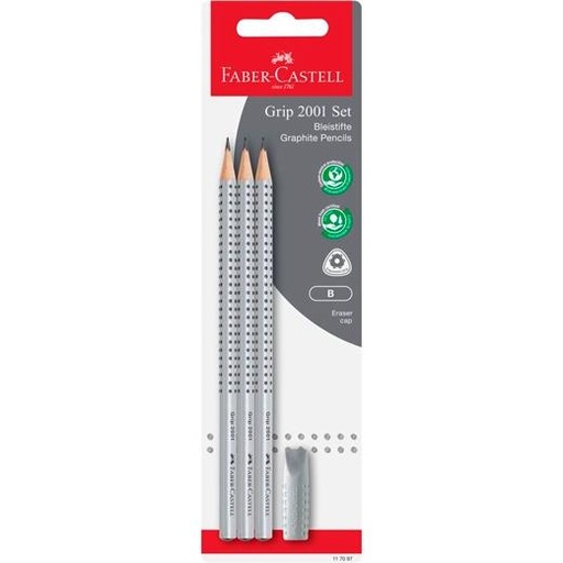 FABER CASTELL - SET DE LÁPICES DE GRAFITO GRIP 2001 B + GOMA CAPUCHÓN EN BLISTER DE 4 PIEZAS (Ref.117097)