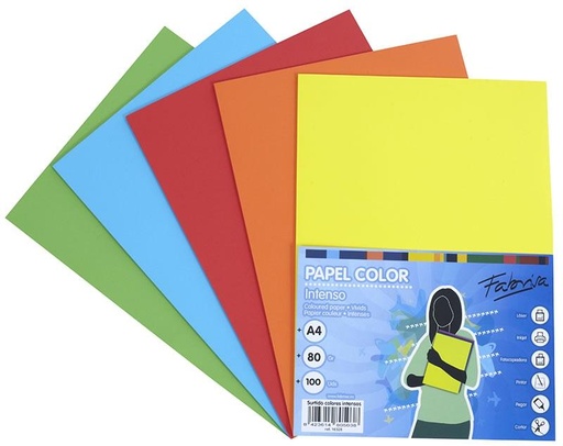 FABRISA - PAQUETE PAPEL DE 100 HOJAS RETRACTILADO 5 COLORES FUERTES DINA4 SURTIDOS 80GR (Ref.16328)