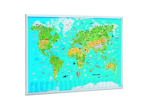 FAIBO - TABLERO CORCHO LIGERO MARCO PINO 60x90 cm MAPAMUNDI INFANTIL (Ref.703)