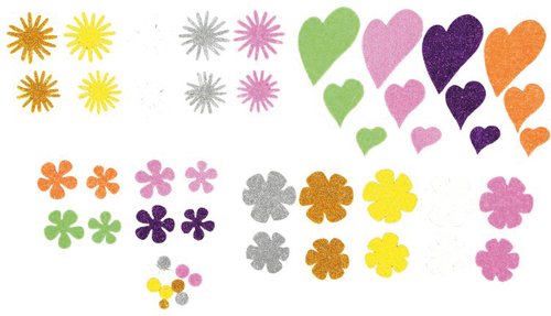 FIXO - GOMA EVA ADHESIVA con PURPURINA FLORES Y CORAZONES PACK 64 FIGURAS (Ref.5001/68002200)
