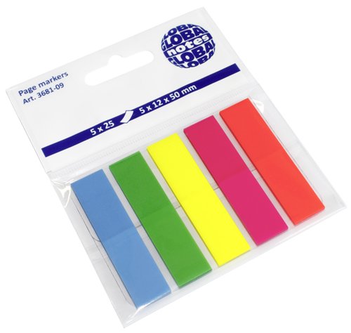 GLOBAL NOTES - BANDERITAS ADHESIVAS 12x44 PACK de 5 (azul-verde-amarillo-naranja-rosa) (Ref.3681-09)