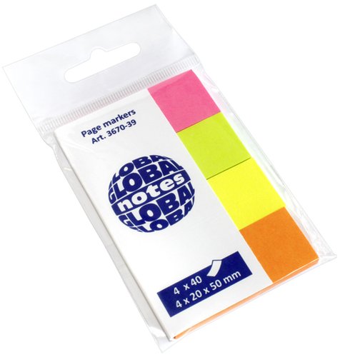 GLOBAL NOTES - BANDERITAS ADHESIVAS 20x50 COLORES BRILLANTES PACK de 4 (verde-amarillo-naranja-rosa) (Ref.3670-39)