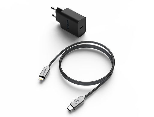 GROOVY - CABLE USB-C 2.0A / LIGHTNING CARGA RAPIDA + CARGADOR LONGITUD 1 MT COLOR GRIS OSCURO (Ref.GR-CBLAP1M2)