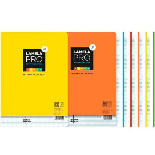 LAMELA - RECAMBIO PRO 4 TALADROS 100H A4 90GR RAYADO 3MM MULTIASIGNATURAS 5 COLORES (Ref.09A403)