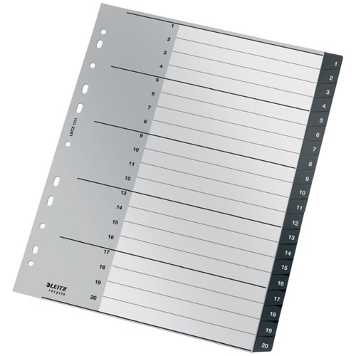 LEITZ - INDICE PP RECYCLE NUMERICO A4+ pestañas 1-20 16 taladros NEGRO (Ref.12110000)